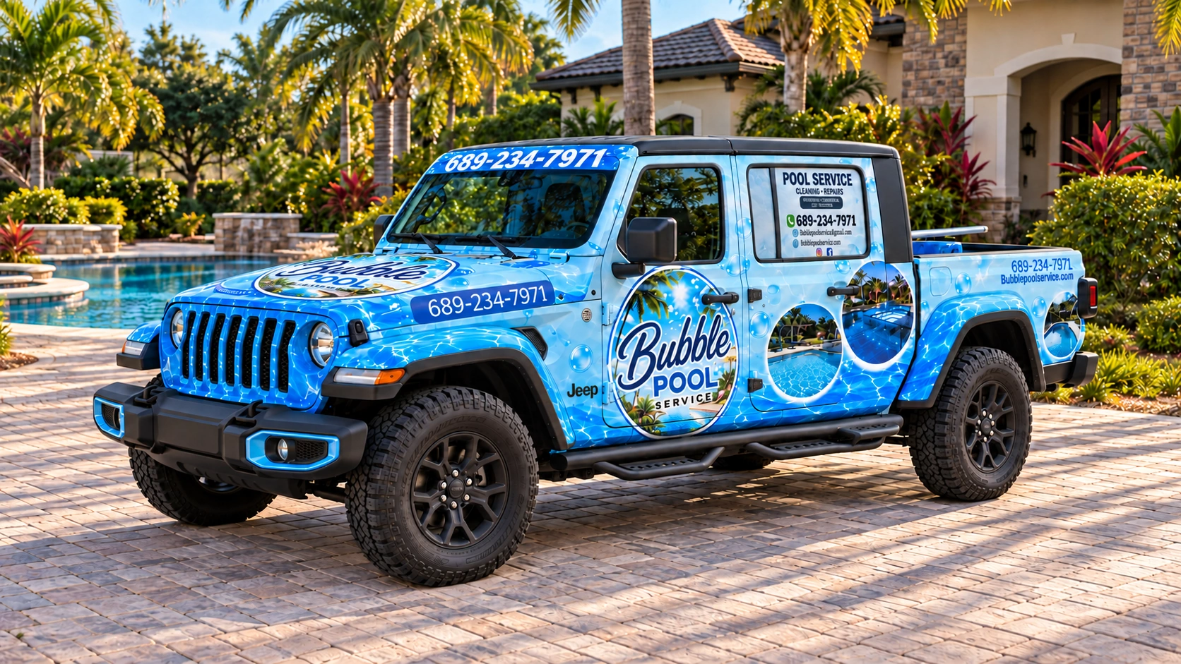 Blue Bubble Pool Service Jeep with its branded pool-service logos
