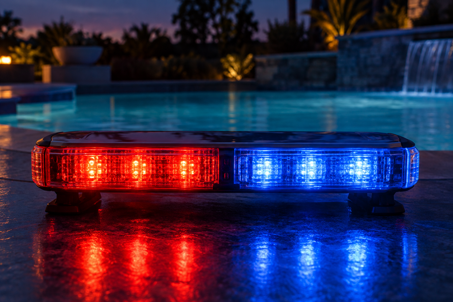 Red and blue emergency lights glowing beside a pool at dusk